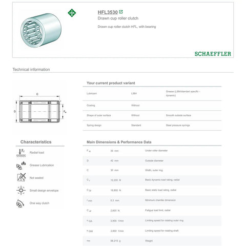 One Way Needle Roller Clutch Bearing With Drawn Cup Construction For HFL3530-L564 Specs illustration with dimensions and specifications.