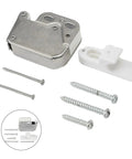 Push To Open Mini Cabinet Latch With Automatic Lock, Steel Spring Catch And Nylon Roller, screws included for installation.