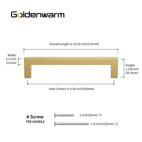 Goldenwarm Brushed Brass Cabinet Drawer Pulls Six And One Quarter Inch Center For Kitchen Cabinets with screw dimensions.