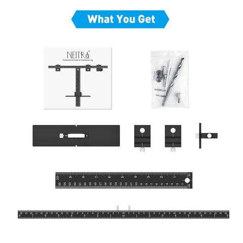 Kit components for Cabinet Hardware Jig For Precise Drill Alignment And Install Guide including rulers and drill bits displayed.