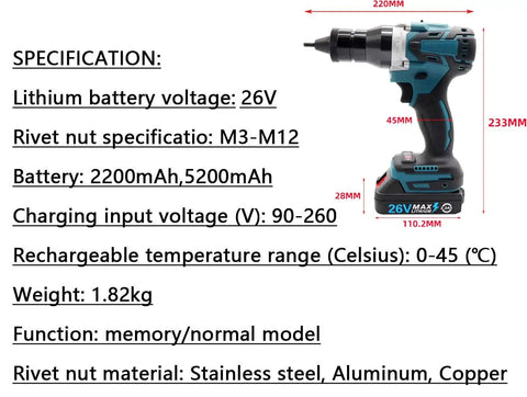 Beast Mode 26V Cordless Electric Rivet Gun With 2200Mah Battery showing detailed specifications and design for M3 M4 rivets.