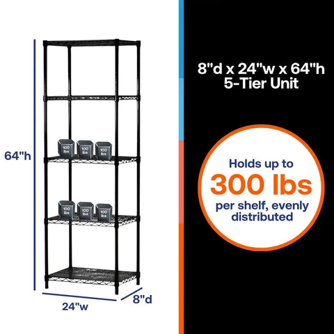 Rock Solid Black Wire Shelving Rack With Five Tier Metal Shelves And 300 Pound Load Capacity Per Shelf, 64"h, 24"w, 8"d unit.