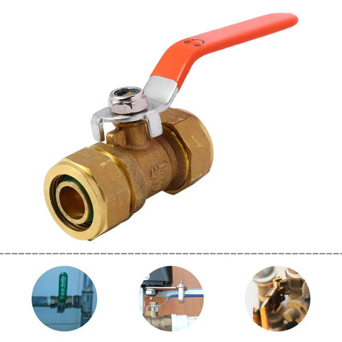 Heavy Duty Brass Ball Valve For Water Heater Inlet Pipe With Reliable Barb Hose Fitting Pain Free Install Shut Off Drainage And Backflow Guard Manages Hot Water Flow Like A Champ with red handle.