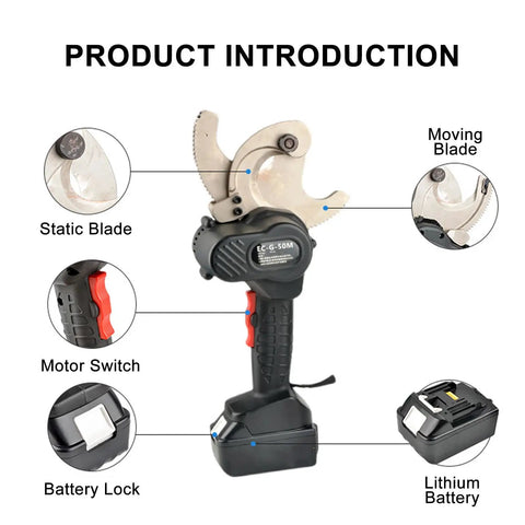Electric Ratcheting Cable Cutter With Cleaning Brush, ProGrade, Rechargeable Hydraulic Wire Cutter For Copper And Aluminum Armored Cables EC-95M showing components