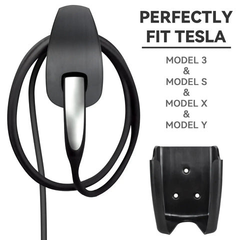 Slick Wall Mount Charging Cable Organizer For Tesla With Beefy Chassis Bracket And Tight Grip Power Cord Holder For Model 3 Model Y Model S Model X Garage Setup Matte Black, showcasing cable holder and cord.