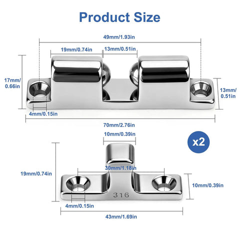Built Like A Tank Marine Double Roller Catch Latch 316 Stainless Steel sizes displayed with measurements for cabinet door locks.