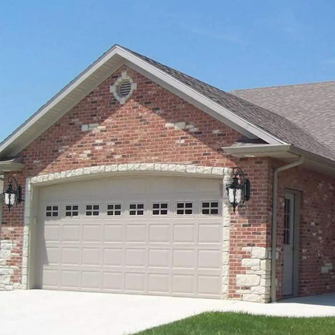 Brick house exterior with two black outdoor wall light fixtures, hammered glass shades, IP65 waterproof sconce wall mount.