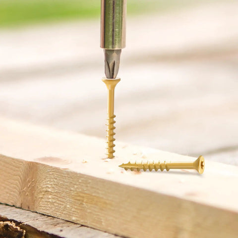 5 Inch Deck Screws No 10 By 5 36 Pack Built Tough Rust Resistant Epoxy Coated Torx Drive Head Outdoor Decking Screws With T25 Star Bit Tan 1lb Salt Spray Tested For 1500 Hours Weatherproof For All Exterior Decking Projects installed in wood with T25 star bit