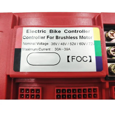 Intelligent Brushless Sine Controller for EBikes and Scooters, red casing with voltage ranges and connections