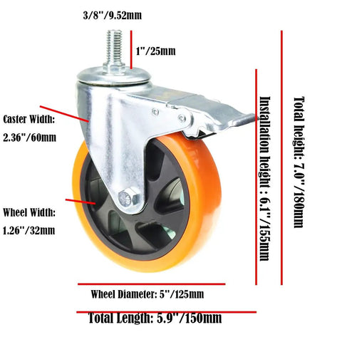 Heavy Duty Stem Casters With Swivel Threaded Caster Wheels And Dual Locking Brakes Set Of Four Five Inch Industrial close-up