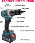 Heavy Duty Cordless Rivet Gun With Bright LED Panel And Dual Speed Modes Makes M3 To M12 Blind Nut Pulling A No Sweat Job On Steel Iron Or Aluminum Projects with labeled features.