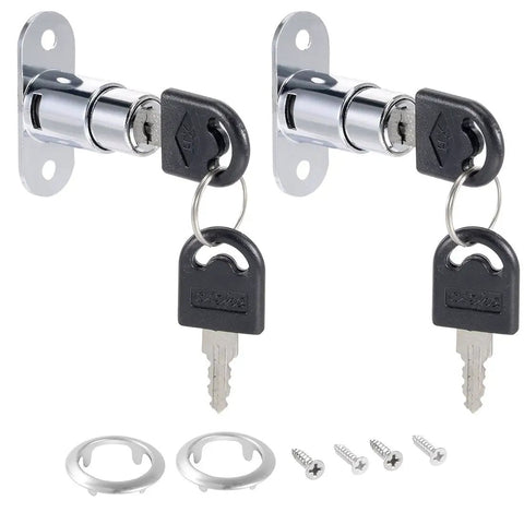 Top Notch Push Plunger Lock For Cabinets And Desk Drawers Keyed Alike Design Two Piece Set in chrome steel with keys.