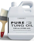 Pure Tung Oil For Wood Finish With Included Brush, No Fuss Food Grade Outdoor Sealer For Cutting Boards, Tables, Furniture, Countertops, Butcher Blocks, And Outdoor Surfaces, Waterproof Protection, 128 Fl Oz - product image showing a large container of tung oil with an included brush