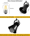 Black lamp fixture with G45 bulb compatibility for Five Light Plug In Track Lighting Kit In Black With Rotatable Heads For Living Room Bedroom Hallway And Kitchen, Dope Modern Farmhouse Ceiling Light Fixture, Easy Install And Adjustable Directional Illumination.