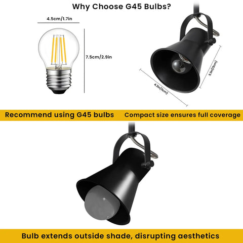 Three Light Black Track Lighting Kit With Rotatable Heads shown with G45 bulb size comparison and light fixture dimensions