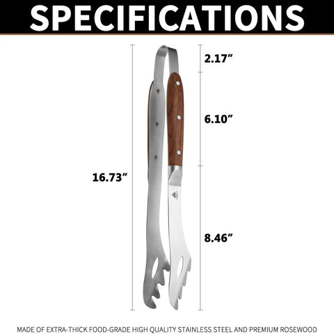 Heavy Duty Rosewood Handle BBQ Grill Tongs Measuring 16.7 Inches Long, Premium Stainless Steel Grilling Tool specifications