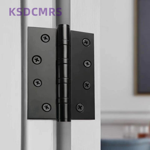 Top Shelf 4 Inch Matte Black Heavy Duty Stainless Steel Door Hinges With Non Removable Pin For Rock Solid Outswing Security And Smooth Whisper Quiet Operation 2 Pack, close-up view with screws.