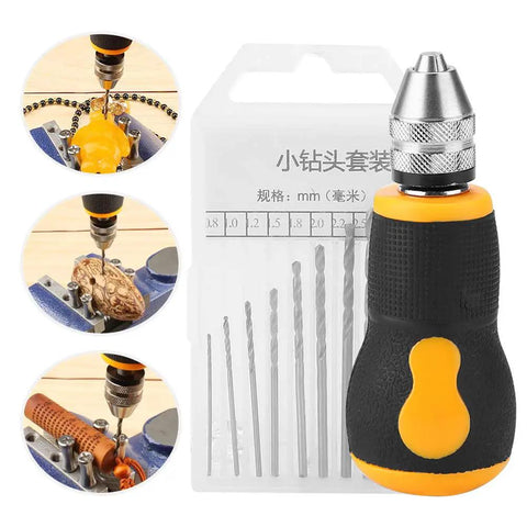 Tiny But Mighty 10 Pc Micro Mini Hand Drill Bits Set Portable Precision Bits For Wood Plastic Jewelry DIY Projects Model Making And Manual Crafting With Short Non Slip Handle For Easy One Hand Use, set with bits