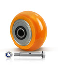Badass 4 By 2 Inch Heavy Duty Caster Wheels Set Of 100 With Aluminum Core And Polyurethane Crowned Treads showing orange wheel with aluminum core and bolt.