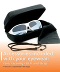 Heavy Duty Laser Safety Glasses With A Roomy Fitover Cut Giving Hella Wavelength Coverage Up To 532Nm And An OD 7 Plus Guard in a black case with cleaning cloth and strap.