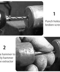 Step-by-step use of Five Piece Easy Out Bolt Extractor Set With Straight Fluted Screw Extractors For Removing Damaged Screws Bolts And Studs Quickly Square Type Heavy Duty Fastener Removal Tool Kit
