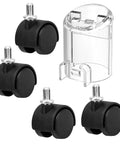 Self Cleaning Hose Tool And Four Pack Castor Wheels For Little Green HydroSteam Carpet Cleaners 3605 3618 3532 Replacement Part 1638909 Durable Castors For Stable Movement And Easy Installation, black castor wheels and clear hose tool shown.