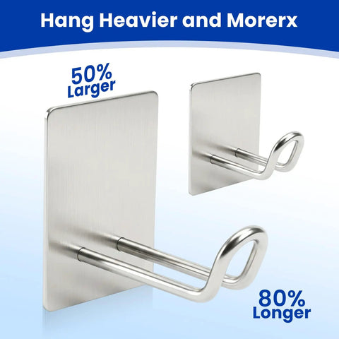 Super Strong Adhesive Hooks With Extended Stainless Steel Bar For Heavy Duty Wall Mount zero drama install showcasing two larger hooks.
