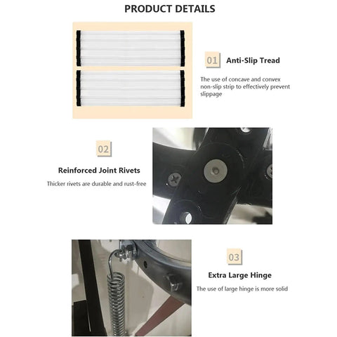 Electric Remote Attic Ladder With Slick Pull Down Motion And Telescoping Fold, showing anti-slip treads and reinforced joint rivets.