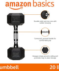 20 Pound Hex Dumbbell With Rubber Encased Cast Iron Core And Non Slip Contoured Handle For Home Gym Strength Training and Killer Daily Workout Sessions Built Tough With Sick Hex Design Black, showing angle with grip detail.