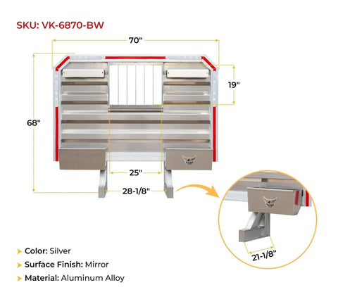 Built To Spec Aluminum Headache Rack And Logger Toolbox Kit For Big Rigs Featuring Dimpled Mirror Finish Flatbed Cargo Setup, Chain Hangers And Secure Handle Locks, 70x68 inch aluminum cargo rack with storage compartments.