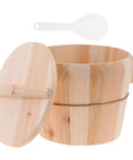 Sweet Wooden Rice Container Bucket With Sturdy Side Handle For Steaming Perfectly Fragrant And Chewy Rice Using Safe Odorless Material For Busy Home Chefs Who Want That Good Vibes Cooking Experience Today with lid and spoon.