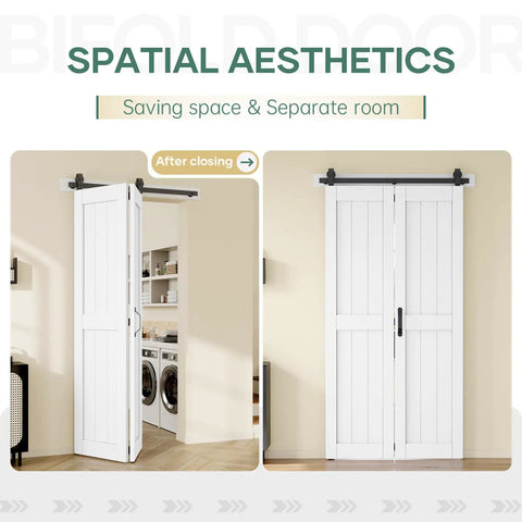 Modern White Bifold Barn Door 42X84 Inches features smooth gliding aluminum track and waterproof MDF panels for closets.