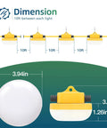 Dimensions of Ultra Bright 40W LED Construction String Light With 5000 Lumens Per Head showing 10 ft spacing and light size