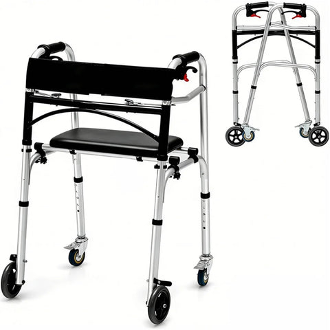 Five Height Adjustable Swivel Walker Caster Wheels Set Of 2, 3-Inch Wheel Diameter With Universal 1-Inch Leg Tubes shown on walker.