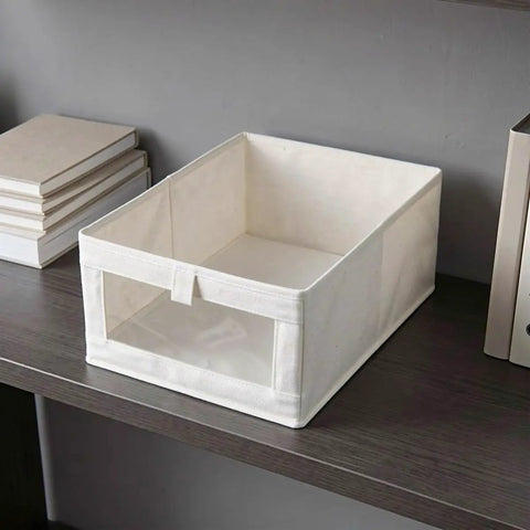 Straight Up Durable Cotton Linen Foldable Closet Organizer Bins Set Of Three With Tough Handles And Clear Window Collapsible Fabric Storage Cube on shelf.