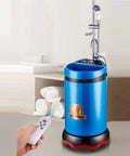 Killer Portable Shower Station Pairing Smart Electric Water Heater With A Gritty 2000 Watt Power Surge, blue tank with remote control.