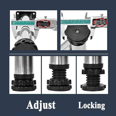 Rock Solid Washing Machine And Dryer Base Stand With Adjustable Lift Telescopic Legs showing adjustment mechanism and measurements.