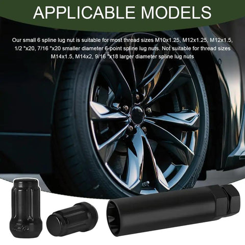6 Spline Lug Nut Socket, Wheel Lock Removal Wrench, Heavy Duty Steel Extractor For Cars And Trucks, Rust Resistant Finish shown with wheel.