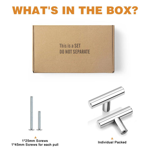 Packaging of Polished Chrome Cabinet Knobs And Handles 5 Pack Stainless Steel Single Hole Euro T Bar Drawer Pulls with screws included.