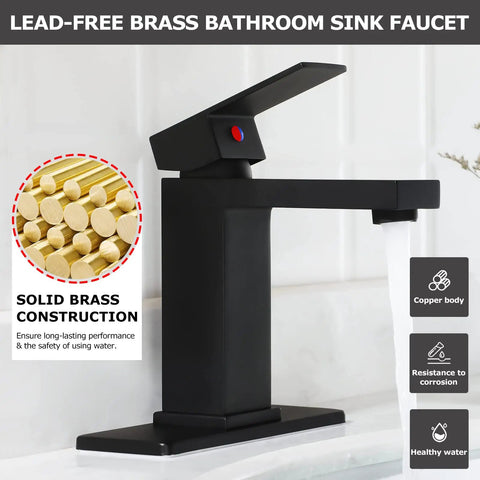 Brass Single-Handle Bathroom Sink Faucet With Escutcheon, Pop Up Drain, Matte Black Finish, Lead-Free, Corrosion-Resistant