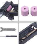 Portable Drill Bit Sharpener With Adjustable Angle Jig For Quick Revival Of Dull Bits And Dead On Cutting Performance On The Go No Fuss Setup That Restores Power Fast And Keeps Your Projects Moving At Full Steam Ahead showing sharpening jig with grinding wheels tools included.