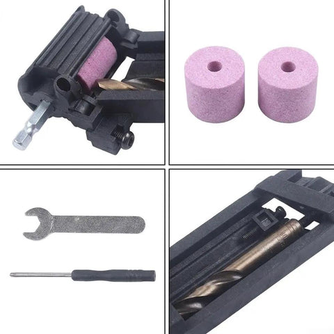 Portable Drill Bit Sharpener With Adjustable Angle Jig For Quick Revival Of Dull Bits And Dead On Cutting Performance On The Go No Fuss Setup That Restores Power Fast And Keeps Your Projects Moving At Full Steam Ahead showing sharpening jig with grinding wheels tools included.
