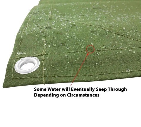 Close-up of Olive Green 12x16 Tarp, 12 Oz Polyester Heavy Duty, Water Resistant And Breathable, showing grommet and water beads