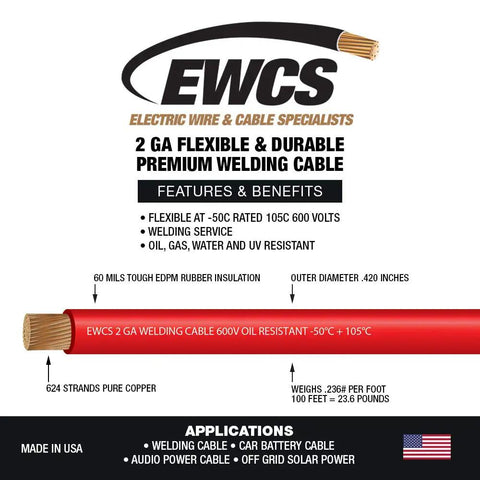 2 Gauge Premium Extra Flexible Welding Cable 600 Volt Red 15 Feet Made in USA Sunlight Resistant Water Resistant Highly Flexible 30 Gauge Copper Stranding Ships as a Coil, image showing cable features and specifications.