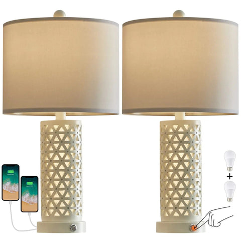 3-Way Dimmable Touch Control Dope Rustic Table Lamp Set Of 2 Vintage Farmhouse 21.25 Inch Tall Bedside Lamps with white shade, USB ports and bulbs.