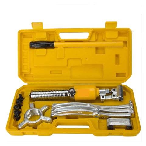 Heavy Duty Hydraulic Gear Puller Featuring Adjustable Three Jaws To Rip Loose Stubborn Axles And Rusty Bushings in yellow case.