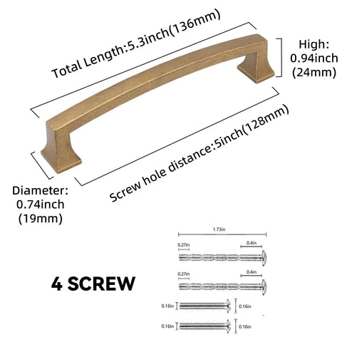 Hella Durable Five Inch Antique Brass Cabinet Pulls And Drawer Handles With Smooth Satin Finish, measuring 5.3 inches long.