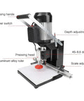 No Fuss Cordless Hinge Drilling Machine For Serious Woodworking And Cabinet Jobs With Quick Depth Tweaks and Single Button Operation, showing power switch and scale adjuster.