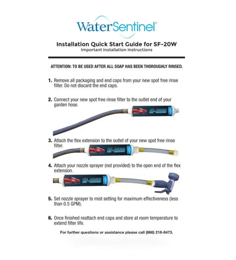 Installation guide for inline deionized water filter and hose extension adapter, showing steps for RVs, boats, and home use.