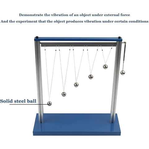 Pendulum Resonance Demonstrator for Forced Vibration Lab with steel balls on blue frame for classroom physics experiments.